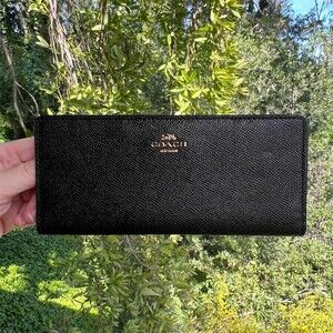 COACH Slim Bifold Wallet Black Crossgrain Leather w Gold Hardware AUTHENTIC